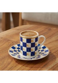 Resim Horse Mavi Beyaz Dama Dekor 6 Kişilik Porselen Kahve Fincan Takımı 90 Ml. Mavi - Beyaz 