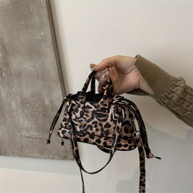 Resim Şık Leopar Desenli Kadın Çapraz Çanta - Retro İpli Tasarım, Polyester Malzeme, Kompakt Kare El Çantası Kahve/Koyu Kahverengi/Siyah, Sevimli Cüzdan, Çok Yönlü Moda Aksesuarı, Doku Desenli 