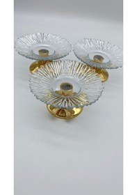Resim 3'lü Kelebek Ayaklı Gold Cam Lokumluk, Şekerlik, Çerezlik, Kahve Yanı Sunumluk 13cm Gold 