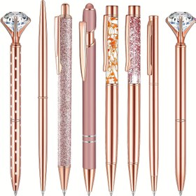 Resim 8 adet Gül Altın Tükenmez Kalem Seti Sıvı Kum Parıltılı Kalem Metal Kristal Sahte Elmas Kalem Öğrenciler Siyah Mürekkep Tükenmez Kalem Hediye Düğün Ofis Gül Altın Masaüstü Malzemeleri 