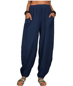 Resim Kadın Harem Pantolon Yaz Rahat Retro Büyük Beden Pamuk Ve Keten Pantolon Lastikli Bel Geniş Paça Pantolon Ev Pantolonu Lacivert 