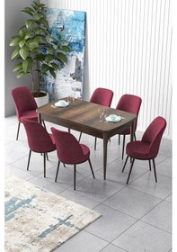 Resim Canisa Zen Serisi 80x132 Mdf Açılabilir Barok Ahşap Desen Masa Takımı Ve 6 Bordo Sandalye Masa Barok Sandalyeler Bordo 