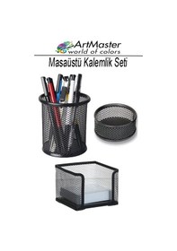 Resim Masaüstü Siyah Fileli Kalemlik Seti 3 Lü 1 Paket Kalemlik Küp Notluk Ataşlık Masa Üstü Düzenleyici Ofis Büro Siyah 