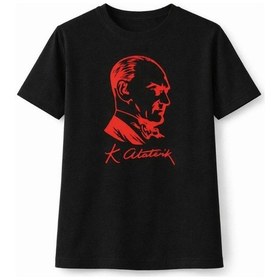 Resim Barlashive Kız Çocuk Atatürk Baskılı Tişört Kısa Kollu Bisiklet Yaka T-shirt - Siyah Çok Renkli 