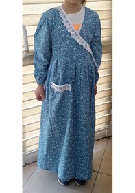 Resim Kız Çocuk Pembe Ve Mavi Renkli Çiçekli Namaz Elbisesi Yüzde Yüz Pamuklu Poplin Kumaş 3-14 Yaş MAvi 
