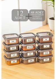Resim 12'li Etiketli Baharatlık Seti - Kapaklı Kare Baharat Takımı Saklama Kabı 12x300 Ml Antrasit 