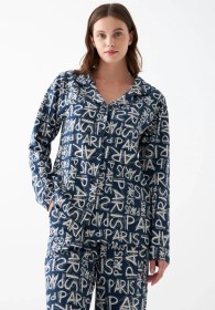 Resim Akbeniz Kadın Lacivert Paris Yazı Desenli Düğmeli Pamuklu Pijama Takımı Lacivert 