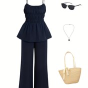 Resim Yeni Şık Şehirli Tarz Moda Günlük Tatil Tek Renk Atlet + Geniş Paça Pantolon Kadın 2 Parça Takım 