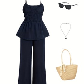 Resim Yeni Şık Şehirli Tarz Moda Günlük Tatil Tek Renk Atlet + Geniş Paça Pantolon Kadın 2 Parça Takım 