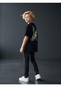 Resim Zekids Erkek Çocuk Pamuklu Sırt Baskılı Kısa Kollu Tasarım T-shirt-16866 SIYAH 