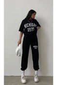 Resim DUBU BUTİK Michigan 1975 T-Shirt Eşofman Altı Jogger- Siyah Baskı Alt Üst Eşofman Takımı Oversize Bisiklet Yaka 