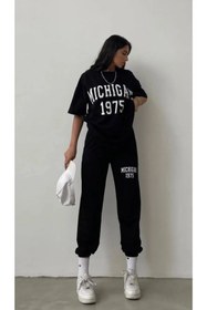 Resim DUBU BUTİK Michigan 1975 T-Shirt Eşofman Altı Jogger- Siyah Baskı Alt Üst Eşofman Takımı Oversize Bisiklet Yaka 