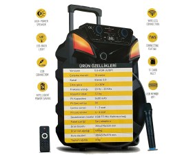 Resim Bluetooth Hoparlör Speaker Karaoke Mikrofonlu Süper Bas Hoparlör 2X30W Büyük Boy Tekerlekli 5400MAH 
