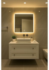 Resim Digital Hayat Dokunmatik Dimlenebilir Gün Işığı Led Kare Ayna Dekoratif Banyo Makyaj Aynası 50cm - 80cm Natural 
