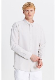 Resim Erkek Bej Tailored Slim Fit Dar Kesim Düğmeli Yaka Gofre Desenli Gömlek Bej 