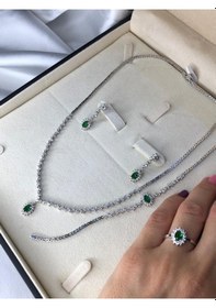 Resim Kadın Gümüş Set - Almila Amore Zümrüt Taşlı Su Yolu Set • Işıklı Kutuda • Düğün • Nişan • Gelin Seti 