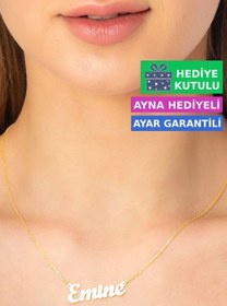 Resim Jewelmim Emine Gümüş İsim Yazılı 18 Ayar Sarı Altın Kaplama 925 Ayar Kişiye Özel Kadın İsimli Gümüş Kolye 