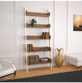 Resim Pasifichome Only Raflı Koyu Meşe Merdiven Kitaplık / Duvara Monte Kitaplık 