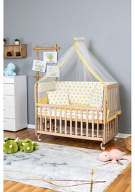 Resim Ahşap Beşik Anne Yanı Beşik Organik 60x120 - Sarı Yıldız 1 Yastıklı Uyku Seti + Yataklı + Tekerlekli Ahşap 