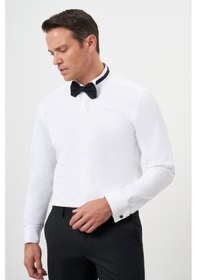 Resim Morven Erkek Beyaz Manşetli Düz Desen Ata Yaka Slim Fit Gömlek Beyaz 