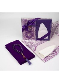 Resim Seccade + Eşarp + Takke + Tesbih Seti Asetat Kutulu, Mor Mor 65 x 110 CM 