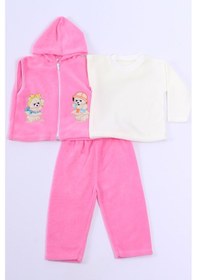 Resim Bebek Polar 3lü Takım Kapşonlu Fermuarlı Nakışlı C23 Pembe 