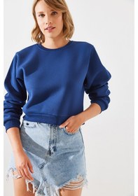 Resim Shade Kadın Bisiklet Yaka Şardonlu Basic Crop Sweatshirt 60251797 - Lacivert 