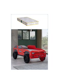 Resim Arabalı Yatak, Jeep Arabalı Yatak - Kırmızı + 1 Adet Comfort Yatak 