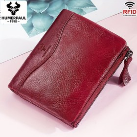 Resim RFID Engelleme Gerçek Deri Kadın Cüzdanı - Vintage Tarzı, İnce Fermuarlı Kapatma, Kabartmalı Logo ile Kırmızı Dokulu Gerçek Deri, Günlük Kullanım için Kompakt Tasarım, Gerçek Deri Çanta 
