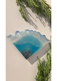 Resim Deniz Mavi Tonlu Siyah Simli Üçgen Dalgalı Epoksi Bardak Altlığı Okyanus Mavisi 