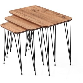 Resim Ahşap Mdf 3 Lü Zigon Sehpa Metal Ayaklı Dikdörtgen Diş Budak 