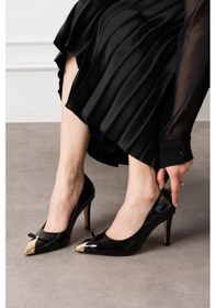 Resim Shoetek Simma Kadın Stiletto Fiyonklı Burun Gold Siyah Rugan Siyah Rugan 