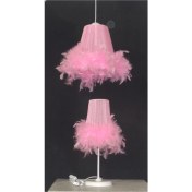 Resim Woodhub Kız Çocuk Odası Pembe Tüylü Avize Abajur Seti Beyaz Metal Ayaklı 