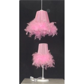 Resim Woodhub Kız Çocuk Odası Pembe Tüylü Avize Abajur Seti Beyaz Metal Ayaklı 