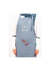 Resim Mutfak Önlüğü Kişiye Ve İsme Özel Nakışlı Mutfak Önlüğü İkili Kupa Farklı Renkler Mavi 