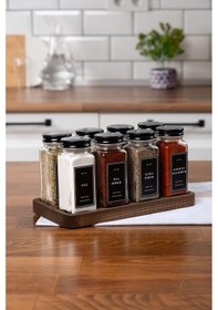 Resim Mienda Home 8'li Ahşap Standlı Cam Baharatlık Seti Siyah Kapaklı Etiketli Baharatlık Mh01syh08 Siyah - Şeffaf 