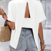 Resim Kadınlar için Rahat Sırtı Açık T-Shirt - Zeytin Yeşili, Polyester, Yuvarlak Yaka, Kısa Kollu, Yazın Temel Giyim, Yaz Rahat Giyim | Rahat Şık | Açık Detaylı Gömlek 