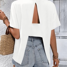 Resim Kadınlar için Rahat Sırtı Açık T-Shirt - Zeytin Yeşili, Polyester, Yuvarlak Yaka, Kısa Kollu, Yazın Temel Giyim, Yaz Rahat Giyim | Rahat Şık | Açık Detaylı Gömlek 