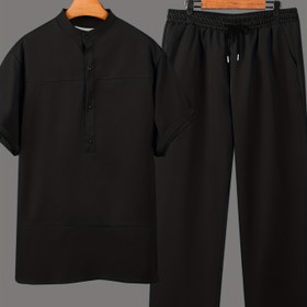 Resim Erkeklerin Düz Mandarin Yaka T-shirt & Pantolon Seti, Büyük ve Uzun Erkekler için Rahat Şık 2 Parçalı Kıyafetler, Artı Boyutu 