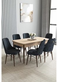 Resim Loft Meşe Desen 80x132 Açılabilir Mdf Masa Yemek Odası Takımı, Mutfak Takımı 6 Sandalye Antrasit 