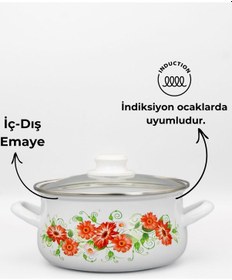 Resim 16cm Çiçek Desenli Tekli Cam Kapaklı Emaye Güveç Tencere Beyaz 