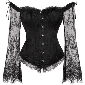 Resim Kadınların Vintage Yeşil Korse Üstü, Dantelli Kollu - Omuz Üstü, Bağcıklı Gövde, Karın Kontrolü Şekillendirici, Esnek Olmayan Kumaş, Yetişkin İç Giyim, Şekillendirici Korse|Vintage Korse Üstü|Dantelli Detay 