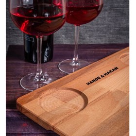 Resim BK Kişiye Özel 2’li Şarap Kadehi ve Doğal Masif Ahşap Servis ve Sunum Tepsisi 