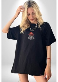 Resim Kırmızı Şapkalı Gözlüklü Maymun Siyah Oversize Unisex Ön Orta Minimal Baskılı Tişört Siyah 