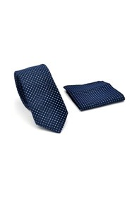Resim Gaffy Mavi Nokta Desenli Lacivert Dokuma Kumaş Mendilli Slim Fit Kravat // Sdk-2510-2 Lacivert 