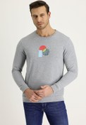Resim Açık Gri Melanj Bisiklet Yaka Baskılı Pamuklu Sweatshirt Kigili