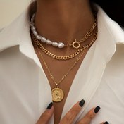 Resim 3 Adet Vintage Barok Faux İnci ve Metal Pendentif Kolye Seti, Çinko Alaşımlı, Basit Tatil Temalı Kadın Takıları 