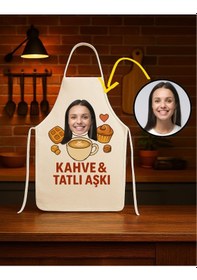 Resim Kişiye Özel Karikatür Fotoğraflı Mutfak Önlüğü Kahve Tatlı Aşkı Krem 