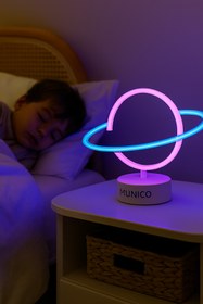 Resim Munico Dekoratif Neon Satürn Masa Lambası – LED Işıklı, USB ve Pilli, Çocuk Odası ve Bilim Köşesi İçin 