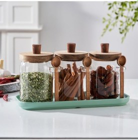 Resim Qerhome 3'lü Borosilikat Cam Akasya Kapaklı Ve Kaşıklı Kavanoz Seti 550 Ml Şeffaf 